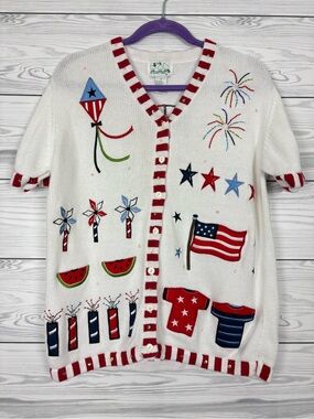 The Quacker Factory Americana Knit Button Down Blouse/Cardigan Patriotic